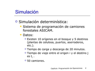 Simulación
 Simulación determinística:
 Sistema de programación de camiones
forestales ASICAM.
 Datos:
 Existen 10 orígenes en el bosque y 5 destinos
(plantas de celulosa, puertos, aserraderos,
etc.).
 Tiempo de carga y descarga de 20 minutos.
 Tiempo de viaje entre el origen i y el destino j
es tij .
 50 camiones.
Capítulo: Programación de Operaciones #
 