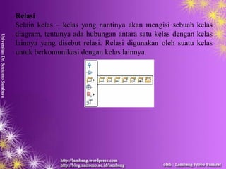 Relasi
Selain kelas – kelas yang nantinya akan mengisi sebuah kelas
diagram, tentunya ada hubungan antara satu kelas dengan kelas
lainnya yang disebut relasi. Relasi digunakan oleh suatu kelas
untuk berkomunikasi dengan kelas lainnya.
 