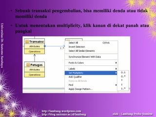 • Sebuah transaksi pengembalian, bisa memiliki denda atau tidak
memiliki denda
• Untuk menentukan multiplicity, klik kanan di dekat panah atau
pangkal
 
