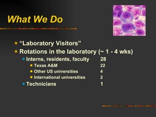 What We Do “ Laboratory Visitors” Rotations in the laboratory (~ 1 - 4 wks) Interns, residents, faculty  28 Texas A&M 22 Other US universities 4 International universities 2 Technicians 1 