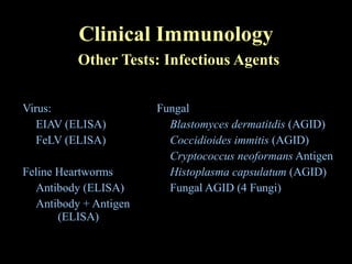 Clinical Immunology   Other Tests: Infectious Agents Virus: EIAV (ELISA) FeLV (ELISA) Feline Heartworms Antibody (ELISA) Antibody + Antigen (ELISA) Fungal Blastomyces dermatitdis  (AGID) Coccidioides immitis  (AGID) Cryptococcus neoformans  Antigen Histoplasma capsulatum  (AGID) Fungal AGID (4 Fungi) 
