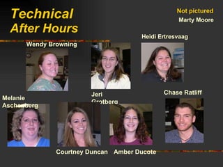 Technical After Hours Wendy Browning Chase Ratliff Jeri Grotberg Amber Ducote Courtney Duncan Melanie Aschenberg Marty Moore Heidi Ertresvaag Not pictured 