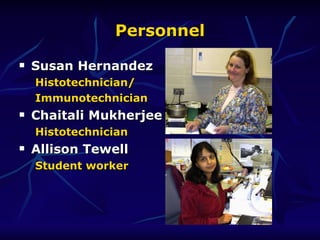Personnel Susan Hernandez Histotechnician/ Immunotechnician Chaitali Mukherjee Histotechnician Allison Tewell Student worker 