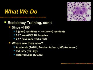 What We Do
 Residency Training, con’t
 Since ~1995
 7 (past) residents + 3 (current) residents
 6 / 7 are ACVP Diplomates
 2 / 7 have received a PhD
 Where are they now?
 Academia (TAMU, Purdue, Auburn, MD Anderson)
 Industry (Eli Lilly)
 Referral Labs (IDEXX)
 
