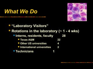What We Do
 “Laboratory Visitors”
 Rotations in the laboratory (~ 1 - 4 wks)
 Interns, residents, faculty 28
 Texas A&M 22
 Other US universities 4
 International universities 2
 Technicians 1
 