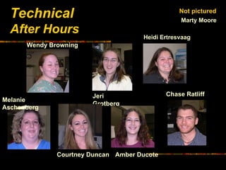 Technical
After Hours
Wendy Browning
Chase Ratliff
Jeri
Grotberg
Amber Ducote
Courtney Duncan
Melanie
Aschenberg
Marty Moore
Heidi Ertresvaag
Not pictured
 