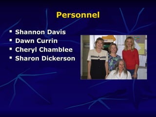 Personnel
Personnel

Shannon Davis
Shannon Davis

Dawn Currin
Dawn Currin

Cheryl Chamblee
Cheryl Chamblee

Sharon Dickerson
Sharon Dickerson
 