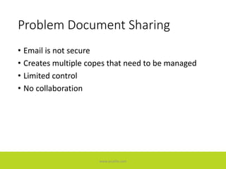 Problem Document Sharing
• Email is not secure
• Creates multiple copes that need to be managed
• Limited control
• No collaboration
www.accellis.com
 