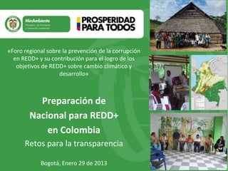 Título
Subtítulo o texto
necesario
«Foro regional sobre la prevención de la corrupción
en REDD+ y su contribución para el logro de los
objetivos de REDD+ sobre cambio climático y
desarrollo»
Preparación de
Nacional para REDD+
en Colombia
Retos para la transparencia
Bogotá, Enero 29 de 2013
 