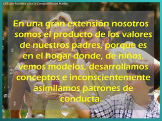 En una gran extensión nosotros somos el producto de los valores de nuestros padres, porque es en el hogar donde, de niños, vemos modelos, desarrollamos conceptos e inconscientemente asimilamos patrones de conducta.  La Llave Maestra para la Compatibilidad Marital 