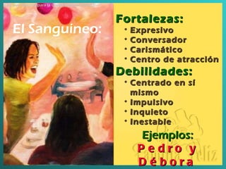 El Sanguíneo: Fortalezas :   Expresivo Conversador Carismático Centro de atracción Debilidades: Centrado en sí mismo Impulsivo Inquieto Inestable Ejemplos : Pedro y Débora La Llave Maestra para la Compatibilidad Marital 
