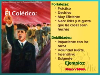 El Colérico: Fortalezas :   Práctico Decisivo Muy Eficiente Nace líder y le gusta que las cosas sean hechas Debilidades : Impaciente con los otros Voluntad fuerte Insensitivo Exigente Ejemplos: Pablo y Marta La Llave Maestra para la Compatibilidad Marital 