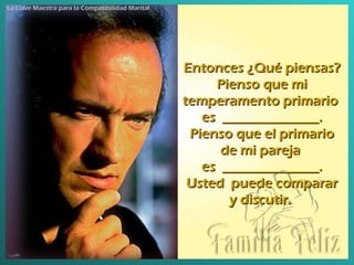 Entonces ¿Qué piensas? Pienso que mi temperamento primario  e s  ______________. Pienso que el primario de mi pareja  e s  ______________. Usted  puede comparar y discutir.  La Llave Maestra para la Compatibilidad Marital 