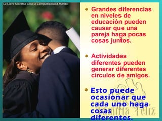 Grandes diferencias en niveles de educación pueden causar que una pareja haga pocas cosas juntos . Actividades diferentes pueden generar diferentes círculos de amigos. Esto puede ocasionar que cada uno haga cosas diferentes. La Llave Maestra para la Compatibilidad Marital 