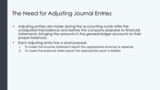 The Need for Adjusting Journal Entries
• Adjusting entries are made during the accounting cycle after the
unadjusted trial balance and before the company prepares its financial
statements, bringing the amounts in the general ledger accounts to their
proper balances.
• Each adjusting entry has a dual purpose:
1. To make the income statement report the appropriate revenue or expense
2. To make the balance sheet report the appropriate asset or liability
 