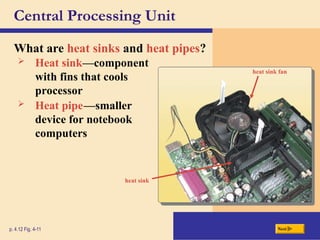 Central Processing Unit
What are heat sinks and heat pipes?
p. 4.12 Fig. 4-11 Next
 Heat sink—component
with fins that cools
processor
heat sink fan
heat sink
 Heat pipee—smaller
device for notebook
computers
 