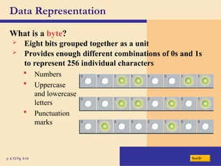 Data Representation
What is a byte?
p. 4.13 Fig. 4-14 Next
 Eight bits grouped together as a unit
 Provides enough different combinations of 0s and 1s
to represent 256 individual characters
 Numbers
 Uppercase
and lowercase
letters
 Punctuation
marks
 