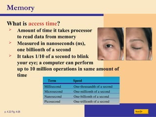 Memory
What is access time?
p. 4.22 Fig. 4-26 Next
 Amount of time it takes processor
to read data from memory
 Measured in nanoseconds (ns),
one billionth of a second
 It takes 1/10 of a second to blink
your eye; a computer can perform
up to 10 million operations in same amount of
time
Term Speed
Millisecond One-thousandth of a second
Microsecond One-millionth of a second
Nanosecond One-billionth of a second
Picosecond One-trillionth of a second
 