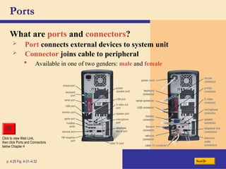 Ports
What are ports and connectors?
p. 4.25 Fig. 4-31–4.32 Next
 Port connects external devices to system unit
 Connector joins cable to peripheral
 Available in one of two genders: male and female
Click to view Web Link,
then click Ports and Connectors
below Chapter 4
 