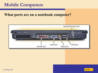 Mobile Computers
What ports are on a notebook computer?
p. 4.34 Fig. 4-43 Next
 