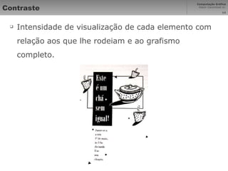 Contraste Intensidade de visualização de cada elemento com relação aos que lhe rodeiam e ao grafismo completo.  