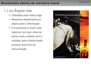 Movimentos óbvios de narrativa visual L ou Ângulo reto Utilizadas para indicar algo Relaciona diretamente um objeto para a informação O movimento é muito mais vigoroso, por isso, deve-se tomar muito cuidado com a unidade, pois a leitura pode conduzir para fora da comunciação 