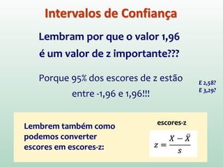 Intervalos de Confiança
Lembram por que o valor 1,96
é um valor de z importante???
Lembrem também como
podemos converter
escores em escores-z:
escores-z
E 2,58?
E 3,29?
Porque 95% dos escores de z estão
entre -1,96 e 1,96!!!
 