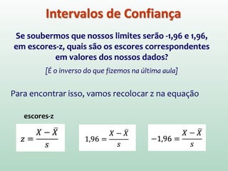 Intervalos de Confiança
Se soubermos que nossos limites serão -1,96 e 1,96,
em escores-z, quais são os escores correspondentes
em valores dos nossos dados?
[É o inverso do que fizemos na última aula]
Para encontrar isso, vamos recolocar z na equação
escores-z
 
