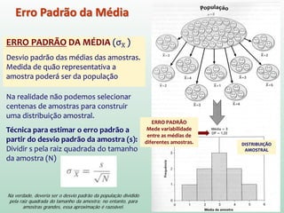 Erro Padrão da Média
DISTRIBUIÇÃO
AMOSTRAL
ERRO PADRÃO
Mede variabilidade
entre as médias de
diferentes amostras.
Na verdade, deveria ser o desvio padrão da população dividido
pela raiz quadrada do tamanho da amostra; no entanto, para
amostras grandes, essa aproximação é razoável.
ERRO PADRÃO DA MÉDIA (σX )
Desvio padrão das médias das amostras.
Medida de quão representativa a
amostra poderá ser da população
Na realidade não podemos selecionar
centenas de amostras para construir
uma distribuição amostral.
Técnica para estimar o erro padrão a
partir do desvio padrão da amostra (s):
Dividir s pela raiz quadrada do tamanho
da amostra (N)
 