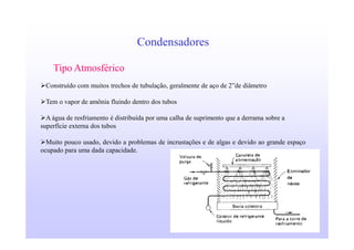 7
Condensadores
Tipo Atmosférico
Construído com muitos trechos de tubulação, geralmente de aço de 2”de diâmetro
Tem o vapor de amônia fluindo dentro dos tubos
A água de resfriamento é distribuída por uma calha de suprimento que a derrama sobre a
superfície externa dos tubos
Muito pouco usado, devido a problemas de incrustações e de algas e devido ao grande espaço
ocupado para uma dada capacidade.
 