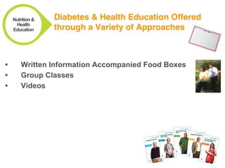 Diabetes & Health Education Offered
through a Variety of Approaches
• Written Information Accompanied Food Boxes
• Group C...