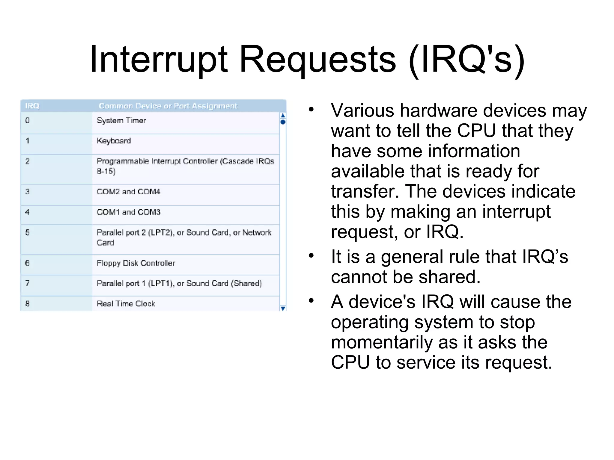 Interrupt Requests (IRQ's)
• Various hardware devices may
want to tell the CPU that they
have some information
available that is ready for
transfer. The devices indicate
this by making an interrupt
request, or IRQ.
• It is a general rule that IRQ’s
cannot be shared.
• A device's IRQ will cause the
operating system to stop
momentarily as it asks the
CPU to service its request.
 