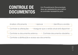 CONTROLE DE
DOCUMENTOS
Analisar criticamente
Controlar as alterações

Um Procedimento Documentado
deve ser estabelecido para deﬁnir
os controles necessários para:

Aprovar

Identificar a revisão

Assegurar que a versão atual está disponível

Controlar os documentos externos

Controlar documentos obsoletos

Controlar a distribuição e acesso aos documentos

 