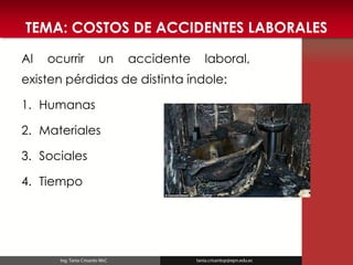 TEMA: COSTOS DE ACCIDENTES LABORALES 
Al ocurrir un accidente laboral, existen pérdidas de distinta índole: 
1.Humanas 
2.Materiales 
3.Sociales 
4.Tiempo  
