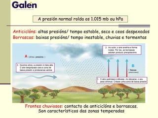 A presión normal rolda os 1.015 mb ou hPa
Anticiclóns: altas presións/ tempo estable, seco e ceos despexados
Borrascas: baixas presións/ tempo inestable, chuvias e tormentas
Frontes chuviosos: contacto de anticiclóns e borrascas.
Son característicos das zonas temperadas
 