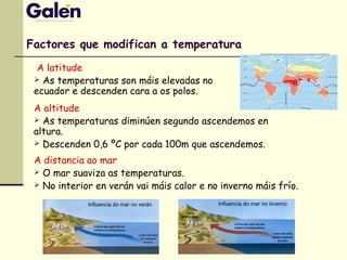 Factores que modifican a temperatura
A latitude
 As temperaturas son máis elevadas no
ecuador e descenden cara a os polos.
A altitude
 As temperaturas diminúen segundo ascendemos en
altura.
 Descenden 0,6 ºC por cada 100m que ascendemos.
A distancia ao mar
 O mar suaviza as temperaturas.
 No interior en verán vai máis calor e no inverno máis frío.
 