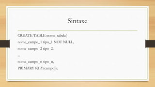 Sintaxe
CREATE TABLE nome_tabela(
nome_campo_1 tipo_1 NOT NULL,
nome_campo_2 tipo_2,
...
nome_campo_n tipo_n,
PRIMARY KEY(campo));
 