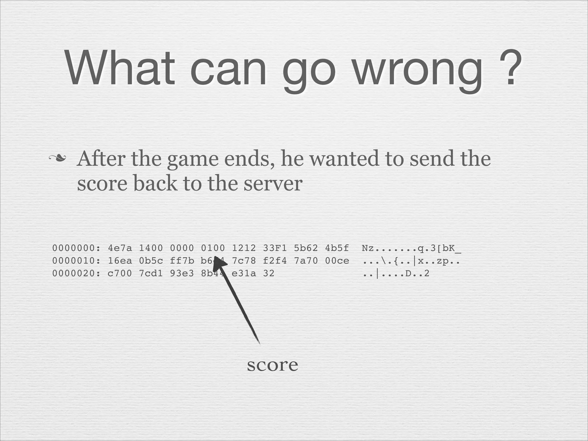 What can go wrong ?
n

After the game ends, he wanted to send the
score back to the server

0000000: 4e7a 1400 0000 0100 1212 33F1 5b62 4b5f  Nz.......q.3[bK_"
0000010: 16ea 0b5c ff7b b6d4 7c78 f2f4 7a70 00ce  ....{..|x..zp.."
0000020: c700 7cd1 93e3 8b44 e31a 32              ..|....D..2"

score

 