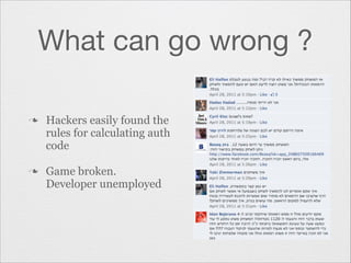 What can go wrong ?
n

n

Hackers easily found the
rules for calculating auth
code
Game broken.
Developer unemployed

 