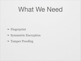 What We Need
n

Fingerprint

n

Symmetric Encryption

n

Tamper Proofing

 