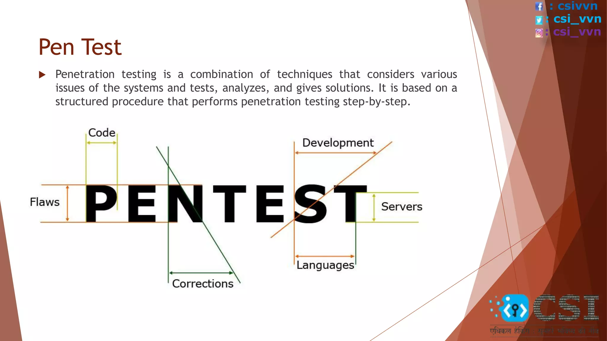 Pen Test
 Penetration testing is a combination of techniques that considers various
issues of the systems and tests, analyzes, and gives solutions. It is based on a
structured procedure that performs penetration testing step-by-step.
: csivvn
: csi_vvn
: csi_vvn
 