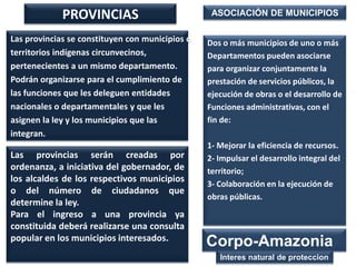 PROVINCIAS

ASOCIACIÓN DE MUNICIPIOS

Las provincias se constituyen con municipios o
territorios indígenas circunvecinos,
pertenecientes a un mismo departamento.
Podrán organizarse para el cumplimiento de
las funciones que les deleguen entidades
nacionales o departamentales y que les
asignen la ley y los municipios que las
integran.

Dos o más municipios de uno o más
Departamentos pueden asociarse
para organizar conjuntamente la
prestación de servicios públicos, la
ejecución de obras o el desarrollo de
Funciones administrativas, con el
fin de:

Las provincias serán creadas por
ordenanza, a iniciativa del gobernador, de
los alcaldes de los respectivos municipios
o del número de ciudadanos que
determine la ley.
Para el ingreso a una provincia ya
constituida deberá realizarse una consulta
popular en los municipios interesados.

1- Mejorar la eficiencia de recursos.
2- Impulsar el desarrollo integral del
territorio;
3- Colaboración en la ejecución de
obras públicas.

Corpo-Amazonia
Interes natural de proteccion

 
