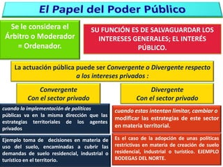 Se le considera el
Árbitro o Moderador
= Ordenador.

SU FUNCIÓN ES DE SALVAGUARDAR LOS
INTERESES GENERALES; EL INTERÉS
PÚBLICO.

La actuación pública puede ser Convergente o Divergente respecto
a los intereses privados :
Convergente
Con el sector privado

Divergente
Con el sector privado

cuando la implementación de políticas
públicas va en la misma dirección que las
estrategias territoriales de los agentes
privados

cuando estas intentan limitar, cambiar o
modificar las estrategias de este sector
en materia territorial.

Ejemplo toma de decisiones en materia de
uso del suelo, encaminadas a cubrir las
demandas de suelo residencial, industrial o
turístico en el territorio.

Es el caso de la adopción de unas políticas
restrictivas en materia de creación de suelo
residencial, industrial o turístico. EJEMPLO
BODEGAS DEL NORTE.

 