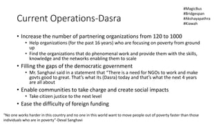 Current Operations-Dasra
• Increase the number of partnering organizations from 120 to 1000
• Help organizations (for the past 16 years) who are focusing on poverty from ground
up
• Find the organizations that do phenomenal work and provide them with the skills,
knowledge and the networks enabling them to scale
• Filling the gaps of the democratic government
• Mr. Sanghavi said in a statement that “There is a need for NGOs to work and make
govts good to great. That’s what its (Dasra) today and that’s what the next 4 years
are all about
• Enable communities to take charge and create social impacts
• Take citizen justice to the next level
• Ease the difficulty of foreign funding
“No one works harder in this country and no one in this world want to move people out of poverty faster than those
individuals who are in poverty”-Deval Sanghavi
#MagicBus
#Bridgespan
#Akshayapathra
#Kiawah
 
