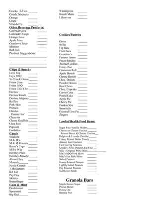 Ozarka 16.9 oz.
Crush Products
Orange
Grape
Strawberry
Other Beverage Products:
Gatorade Lime
Gatorade Orange
Orange Juice
Apple Juice
Cranberry Juice
Monster
Red Bull
Product Suggestions:
Chips & Snacks
Lays Reg
Lays BBQ
Sr Crm & Onion
Fritos Corn
Fritos BBQ
Fritos Chili Chz
Doritos
Doritos Ranch
Doritos Jalepeno
Ruffles
Pork Skin
Pretzels
Cheetos
Flamin Hot’
Cheez-its
Cheese Goldfish
Chex Mix
Popcorn
Gardettos
Candy
Snickers
M & M’s
M & M Peanuts
Reese’s Cups
Milky Way
Hershey Plain
Hershey Almond
Almond Joy
Mounds
Nestle Crunch
3 Musketeers
Kit Kat
Pay Day
Skittles
Butterfinger
Gum & Mint
Doublemint
Spearmint
Big Red
Wintergreen
Breath Mints
Lifesavers
Cookies/Pastries
Oreos
Swiss
Fig Bars
Fruit Bars
Grandma’s
Famous Amos
Pecan Sandies
Animal Cookies
Honey Bun
Cinnamon Roll
Apple Danish
Cheese Danish
Choc. Donuts
Powder Donuts
Bear Claws
Choc. Cupcake
Carrot Cake
Pound Cake
Apple Pie
Cherry Pie
Dunkin Stix
Snowballs
Oatmeal Crm Pie
Zingers
Lowfat/Health Food Items:
Sugar Free Vanilla Wafers
Cheese on Cheese Cracker
Peanut Butter & Cheese Cracker
Dolphin & Friends Cheddar
Cremy Peanut Butter Toasty
Animal Zoo Crackers
Fat Free Fig Newtons
Snyder’s Mini-Pretzels Fat Free
Mac’s Original Pork Skins
Mac’s BBQ Pork Skins
Mac’s Hot Pork Skins
Salted Peanuts
Honey Roasted Peanuts
Lightly Salted Peanuts
Dry Roasted Peanuts
Sunflower Seeds
Granola Bars
Maple Brown Sugar
Peanut Butter
Honey Oat
Banana Nut
 