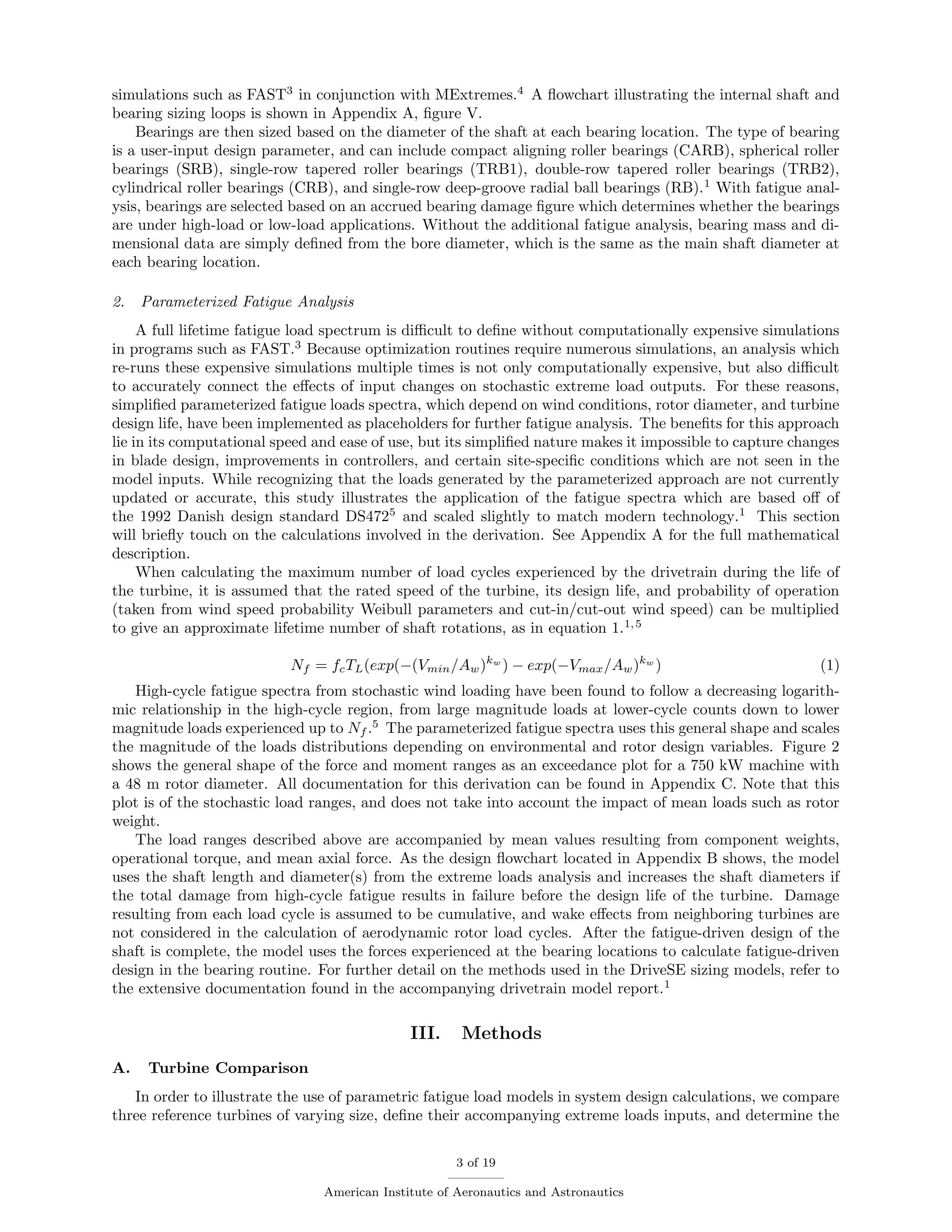 simulations such as FAST3
in conjunction with MExtremes.4
A ﬂowchart illustrating the internal shaft and
bearing sizing loops is shown in Appendix A, ﬁgure V.
Bearings are then sized based on the diameter of the shaft at each bearing location. The type of bearing
is a user-input design parameter, and can include compact aligning roller bearings (CARB), spherical roller
bearings (SRB), single-row tapered roller bearings (TRB1), double-row tapered roller bearings (TRB2),
cylindrical roller bearings (CRB), and single-row deep-groove radial ball bearings (RB).1
With fatigue anal-
ysis, bearings are selected based on an accrued bearing damage ﬁgure which determines whether the bearings
are under high-load or low-load applications. Without the additional fatigue analysis, bearing mass and di-
mensional data are simply deﬁned from the bore diameter, which is the same as the main shaft diameter at
each bearing location.
2. Parameterized Fatigue Analysis
A full lifetime fatigue load spectrum is diﬃcult to deﬁne without computationally expensive simulations
in programs such as FAST.3
Because optimization routines require numerous simulations, an analysis which
re-runs these expensive simulations multiple times is not only computationally expensive, but also diﬃcult
to accurately connect the eﬀects of input changes on stochastic extreme load outputs. For these reasons,
simpliﬁed parameterized fatigue loads spectra, which depend on wind conditions, rotor diameter, and turbine
design life, have been implemented as placeholders for further fatigue analysis. The beneﬁts for this approach
lie in its computational speed and ease of use, but its simpliﬁed nature makes it impossible to capture changes
in blade design, improvements in controllers, and certain site-speciﬁc conditions which are not seen in the
model inputs. While recognizing that the loads generated by the parameterized approach are not currently
updated or accurate, this study illustrates the application of the fatigue spectra which are based oﬀ of
the 1992 Danish design standard DS4725
and scaled slightly to match modern technology.1
This section
will brieﬂy touch on the calculations involved in the derivation. See Appendix A for the full mathematical
description.
When calculating the maximum number of load cycles experienced by the drivetrain during the life of
the turbine, it is assumed that the rated speed of the turbine, its design life, and probability of operation
(taken from wind speed probability Weibull parameters and cut-in/cut-out wind speed) can be multiplied
to give an approximate lifetime number of shaft rotations, as in equation 1.1,5
Nf = fcTL(exp(−(Vmin/Aw)kw
) − exp(−Vmax/Aw)kw
) (1)
High-cycle fatigue spectra from stochastic wind loading have been found to follow a decreasing logarith-
mic relationship in the high-cycle region, from large magnitude loads at lower-cycle counts down to lower
magnitude loads experienced up to Nf .5
The parameterized fatigue spectra uses this general shape and scales
the magnitude of the loads distributions depending on environmental and rotor design variables. Figure 2
shows the general shape of the force and moment ranges as an exceedance plot for a 750 kW machine with
a 48 m rotor diameter. All documentation for this derivation can be found in Appendix C. Note that this
plot is of the stochastic load ranges, and does not take into account the impact of mean loads such as rotor
weight.
The load ranges described above are accompanied by mean values resulting from component weights,
operational torque, and mean axial force. As the design ﬂowchart located in Appendix B shows, the model
uses the shaft length and diameter(s) from the extreme loads analysis and increases the shaft diameters if
the total damage from high-cycle fatigue results in failure before the design life of the turbine. Damage
resulting from each load cycle is assumed to be cumulative, and wake eﬀects from neighboring turbines are
not considered in the calculation of aerodynamic rotor load cycles. After the fatigue-driven design of the
shaft is complete, the model uses the forces experienced at the bearing locations to calculate fatigue-driven
design in the bearing routine. For further detail on the methods used in the DriveSE sizing models, refer to
the extensive documentation found in the accompanying drivetrain model report.1
III. Methods
A. Turbine Comparison
In order to illustrate the use of parametric fatigue load models in system design calculations, we compare
three reference turbines of varying size, deﬁne their accompanying extreme loads inputs, and determine the
3 of 19
American Institute of Aeronautics and Astronautics
 