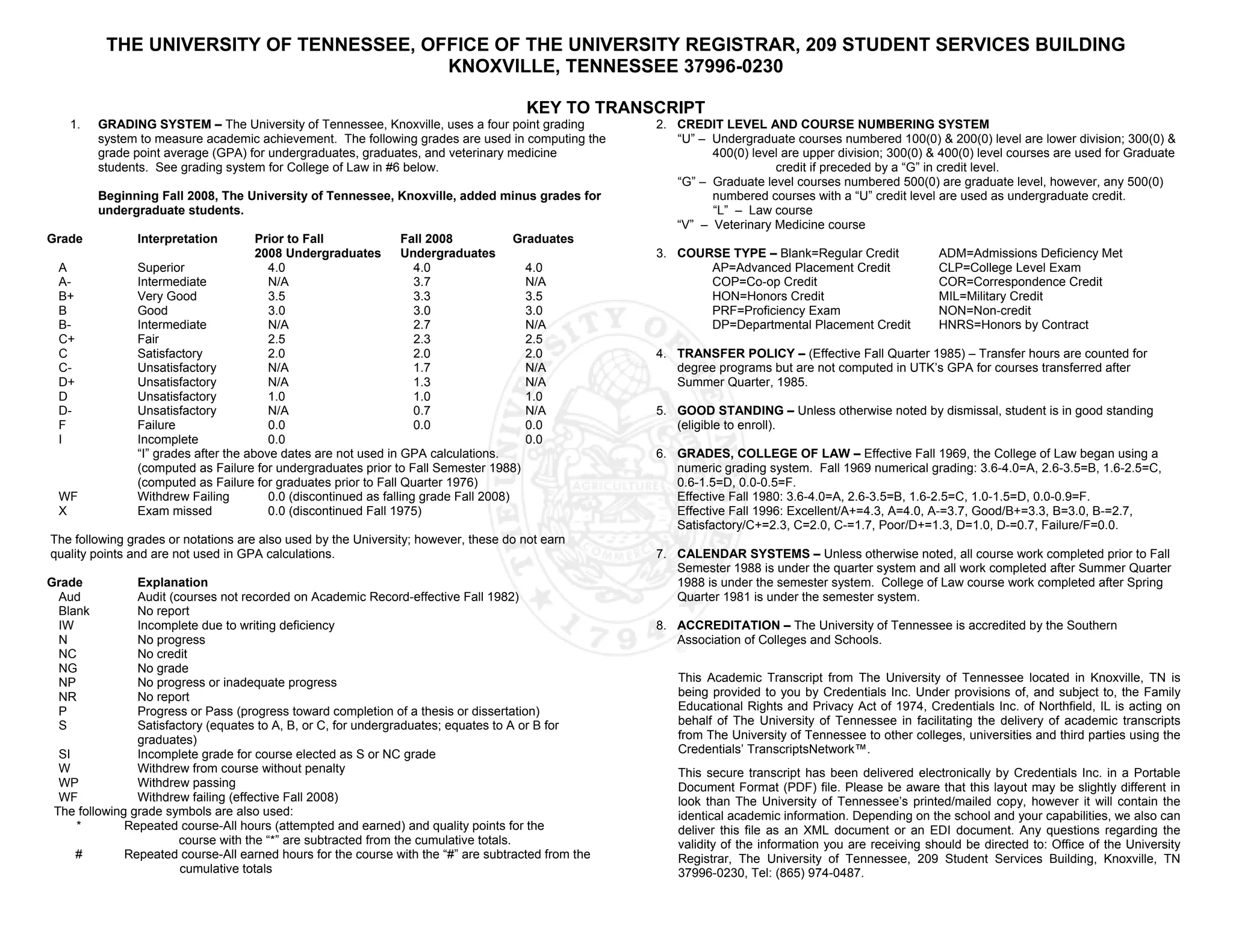 THE UNIVERSITY OF TENNESSEE, OFFICE OF THE UNIVERSITY REGISTRAR, 209 STUDENT SERVICES BUILDING
KNOXVILLE, TENNESSEE 37996-0230
KEY TO TRANSCRIPT
1. GRADING SYSTEM – The University of Tennessee, Knoxville, uses a four point grading
system to measure academic achievement. The following grades are used in computing the
grade point average (GPA) for undergraduates, graduates, and veterinary medicine
students. See grading system for College of Law in #6 below.
Beginning Fall 2008, The University of Tennessee, Knoxville, added minus grades for
undergraduate students.
Grade Interpretation Prior to Fall
2008 Undergraduates
Fall 2008
Undergraduates
Graduates
A Superior 4.0 4.0 4.0
A- Intermediate N/A 3.7 N/A
B+ Very Good 3.5 3.3 3.5
B Good 3.0 3.0 3.0
B- Intermediate N/A 2.7 N/A
C+ Fair 2.5 2.3 2.5
C Satisfactory 2.0 2.0 2.0
C- Unsatisfactory N/A 1.7 N/A
D+ Unsatisfactory N/A 1.3 N/A
D Unsatisfactory 1.0 1.0 1.0
D- Unsatisfactory N/A 0.7 N/A
F Failure 0.0 0.0 0.0
I Incomplete 0.0 0.0
“I” grades after the above dates are not used in GPA calculations.
(computed as Failure for undergraduates prior to Fall Semester 1988)
(computed as Failure for graduates prior to Fall Quarter 1976)
WF Withdrew Failing 0.0 (discontinued as falling grade Fall 2008)
X Exam missed 0.0 (discontinued Fall 1975)
The following grades or notations are also used by the University; however, these do not earn
quality points and are not used in GPA calculations.
Grade Explanation
Aud Audit (courses not recorded on Academic Record-effective Fall 1982)
Blank No report
IW Incomplete due to writing deficiency
N No progress
NC No credit
NG No grade
NP No progress or inadequate progress
NR No report
P Progress or Pass (progress toward completion of a thesis or dissertation)
S Satisfactory (equates to A, B, or C, for undergraduates; equates to A or B for
graduates)
SI Incomplete grade for course elected as S or NC grade
W Withdrew from course without penalty
WP Withdrew passing
WF Withdrew failing (effective Fall 2008)
The following grade symbols are also used:
* Repeated course-All hours (attempted and earned) and quality points for the
course with the “*” are subtracted from the cumulative totals.
# Repeated course-All earned hours for the course with the “#” are subtracted from the
cumulative totals
2. CREDIT LEVEL AND COURSE NUMBERING SYSTEM
“U” – Undergraduate courses numbered 100(0) & 200(0) level are lower division; 300(0) &
400(0) level are upper division; 300(0) & 400(0) level courses are used for Graduate
credit if preceded by a “G” in credit level.
“G” – Graduate level courses numbered 500(0) are graduate level, however, any 500(0)
numbered courses with a “U” credit level are used as undergraduate credit.
“L” – Law course
“V” – Veterinary Medicine course
3. COURSE TYPE – Blank=Regular Credit ADM=Admissions Deficiency Met
AP=Advanced Placement Credit CLP=College Level Exam
COP=Co-op Credit COR=Correspondence Credit
HON=Honors Credit MIL=Military Credit
PRF=Proficiency Exam NON=Non-credit
DP=Departmental Placement Credit HNRS=Honors by Contract
4. TRANSFER POLICY – (Effective Fall Quarter 1985) – Transfer hours are counted for
degree programs but are not computed in UTK’s GPA for courses transferred after
Summer Quarter, 1985.
5. GOOD STANDING – Unless otherwise noted by dismissal, student is in good standing
(eligible to enroll).
6. GRADES, COLLEGE OF LAW – Effective Fall 1969, the College of Law began using a
numeric grading system. Fall 1969 numerical grading: 3.6-4.0=A, 2.6-3.5=B, 1.6-2.5=C,
0.6-1.5=D, 0.0-0.5=F.
Effective Fall 1980: 3.6-4.0=A, 2.6-3.5=B, 1.6-2.5=C, 1.0-1.5=D, 0.0-0.9=F.
Effective Fall 1996: Excellent/A+=4.3, A=4.0, A-=3.7, Good/B+=3.3, B=3.0, B-=2.7,
Satisfactory/C+=2.3, C=2.0, C-=1.7, Poor/D+=1.3, D=1.0, D-=0.7, Failure/F=0.0.
7. CALENDAR SYSTEMS – Unless otherwise noted, all course work completed prior to Fall
Semester 1988 is under the quarter system and all work completed after Summer Quarter
1988 is under the semester system. College of Law course work completed after Spring
Quarter 1981 is under the semester system.
8. ACCREDITATION – The University of Tennessee is accredited by the Southern
Association of Colleges and Schools.
This Academic Transcript from The University of Tennessee located in Knoxville, TN is
being provided to you by Credentials Inc. Under provisions of, and subject to, the Family
Educational Rights and Privacy Act of 1974, Credentials Inc. of Northfield, IL is acting on
behalf of The University of Tennessee in facilitating the delivery of academic transcripts
from The University of Tennessee to other colleges, universities and third parties using the
Credentials’ TranscriptsNetwork™.
This secure transcript has been delivered electronically by Credentials Inc. in a Portable
Document Format (PDF) file. Please be aware that this layout may be slightly different in
look than The University of Tennessee’s printed/mailed copy, however it will contain the
identical academic information. Depending on the school and your capabilities, we also can
deliver this file as an XML document or an EDI document. Any questions regarding the
validity of the information you are receiving should be directed to: Office of the University
Registrar, The University of Tennessee, 209 Student Services Building, Knoxville, TN
37996-0230, Tel: (865) 974-0487.
 
