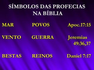 SÍMBOLOS DAS PROFECIAS
NA BÍBLIA
MAR POVOS Apoc.17:15MAR POVOS Apoc.17:15
VENTO GUERRA JeremiasVENTO GUERRA Jeremias
49:36,3749:36,37
BESTAS REINOS Daniel 7:17BESTAS REINOS Daniel 7:17
 