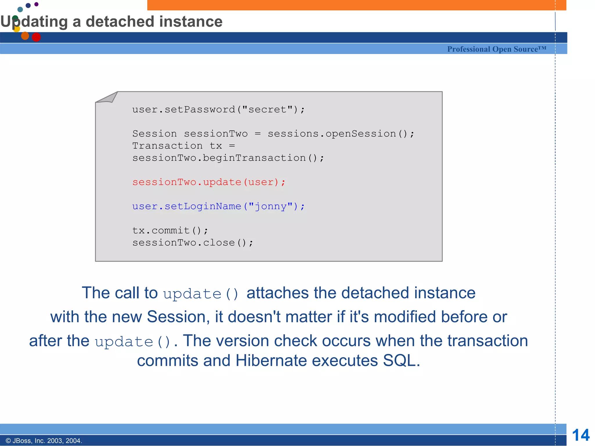 Updating a detached instance The call to  update()  attaches the detached instance with the new Session, it doesn't matter if it's modified before or after the  update() . The version check occurs when the transaction commits and Hibernate executes SQL. user.setPassword(&quot;secret&quot;); Session sessionTwo = sessions.openSession(); Transaction tx = sessionTwo.beginTransaction(); sessionTwo.update(user); user.setLoginName(&quot;jonny&quot;); tx.commit(); sessionTwo.close(); 