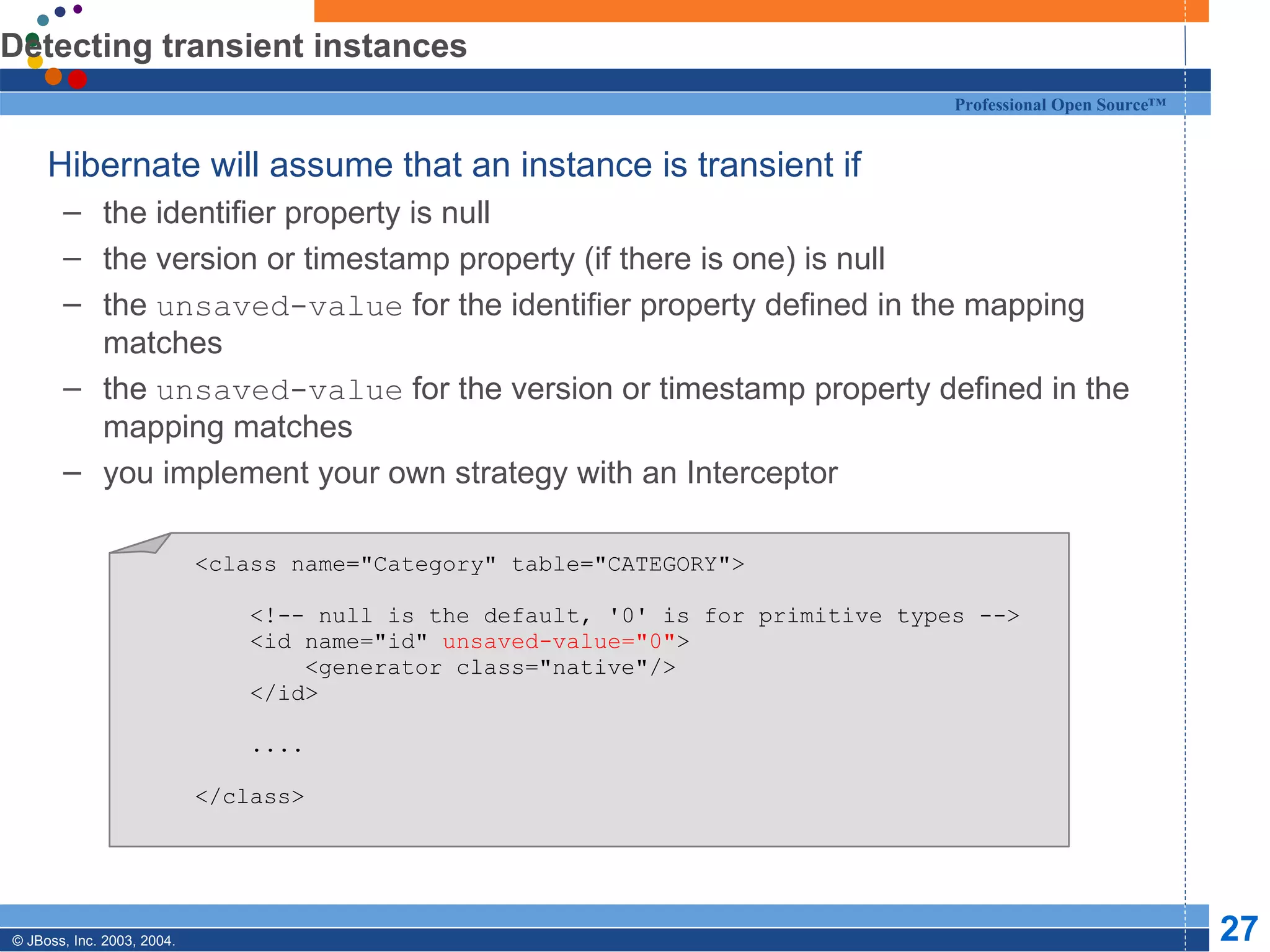 Detecting transient instances Hibernate will assume that an instance is transient if the identifier property is null the version or timestamp property (if there is one) is null the  unsaved-value  for the identifier property defined in the mapping matches the  unsaved-value  for the version or timestamp property defined in the mapping matches you implement your own strategy with an Interceptor <class name=&quot;Category&quot; table=&quot;CATEGORY&quot;> <!-- null is the default, '0' is for primitive types --> <id name=&quot;id&quot;  unsaved-value=&quot;0&quot; > <generator class=&quot;native&quot;/> </id> .... </class> 